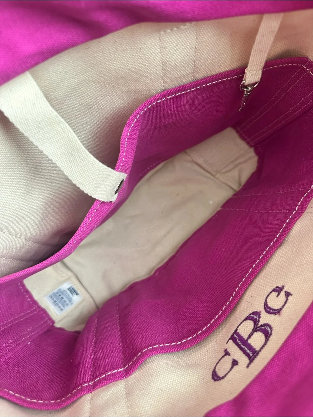 Lands' End White Canvas Tote with Fuchsia Trim and Handles